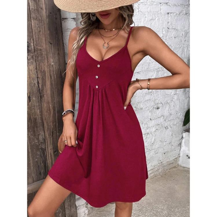 High-waisted Sleeveless Buttoned Patchwork Dress Solid Color Suspender Sexy V-neck Short Skirt for Women