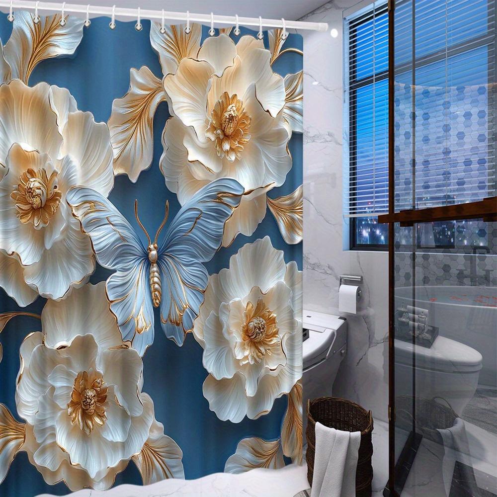 Golden Floral Butterfly Waterproof Mildew-Resistant Shower Curtain - Elegant Design for a Luxurious Bathroom Décor Experience