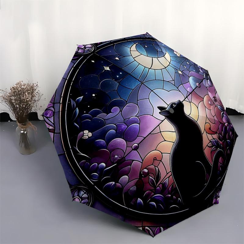 1pc Stained Glass Cat Moon Outdoor Umbrella - Automatic Opening Folding Design, 8-Bone Iron Frame, Festival Gift for Fans, Travelers, Daily Use.KK059