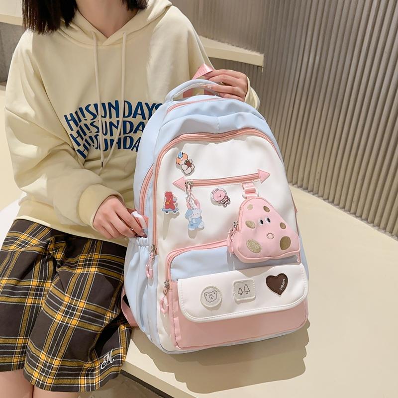 Schoolbag Women's Large Capacity Backpack Student Color Block Backpack with Coin Purse