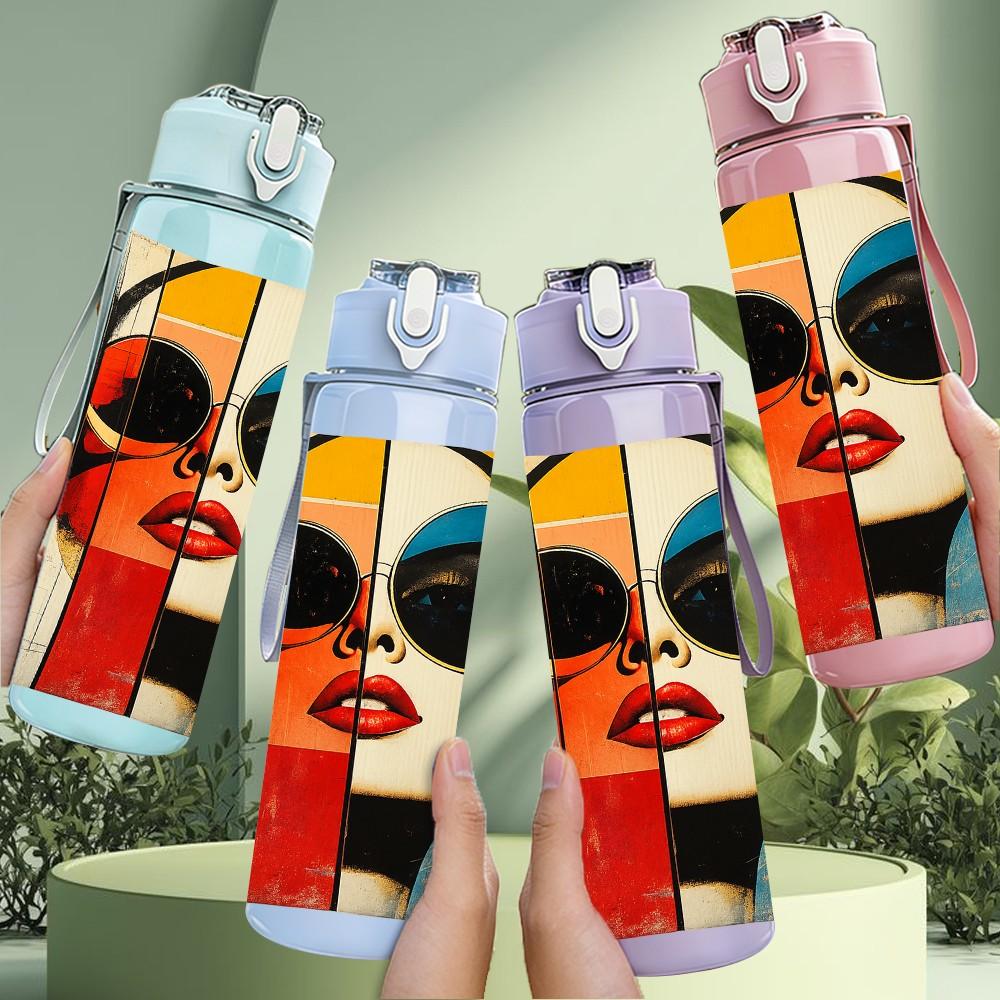 1PC Fashion Lady Sunglasses Split Print 750ml Color Plastic Sports Water Bottle Leakproof Flip Straw Lid Suitable for Sports Office Home Use