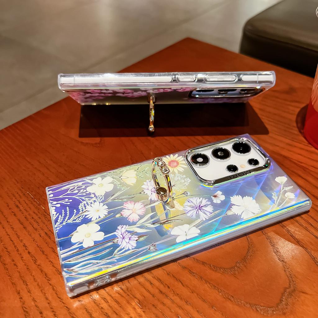 Electroplated Laser Flower Imd with Ring Buckle Bracket S24 Mobile Phone Case S25Ultra Anti-drop All-inclusive A56 Hard Case