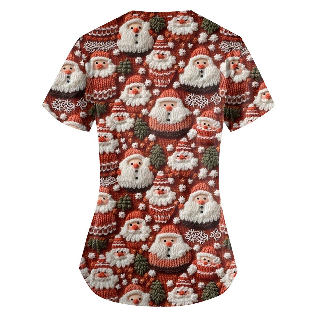 Plus SizePrinted Scrub Working Uniform Tops For Women's Cross V-Neck Print Short Sleeve Fun T-Shirts Workwear Tee With Pockets