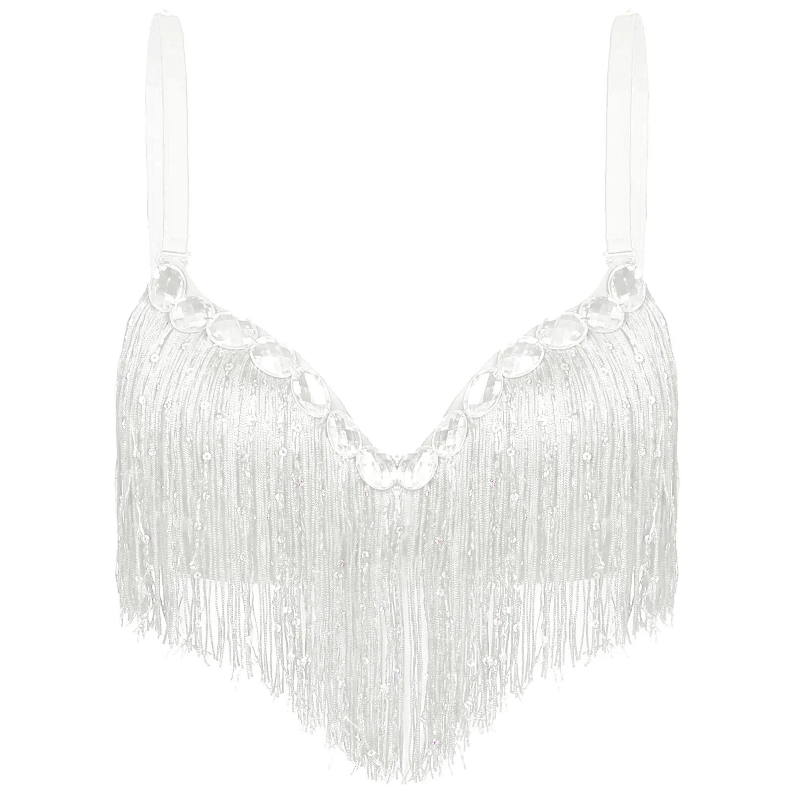 

Женская одежда для танца живота для взрослых, Клубная одежда, бюстгальтер пуш-ап, латинский бюстгальтер с блестками, кисточками и стразами, топы, горячая вечеринка, клубный костюм для выступлений One Size белый