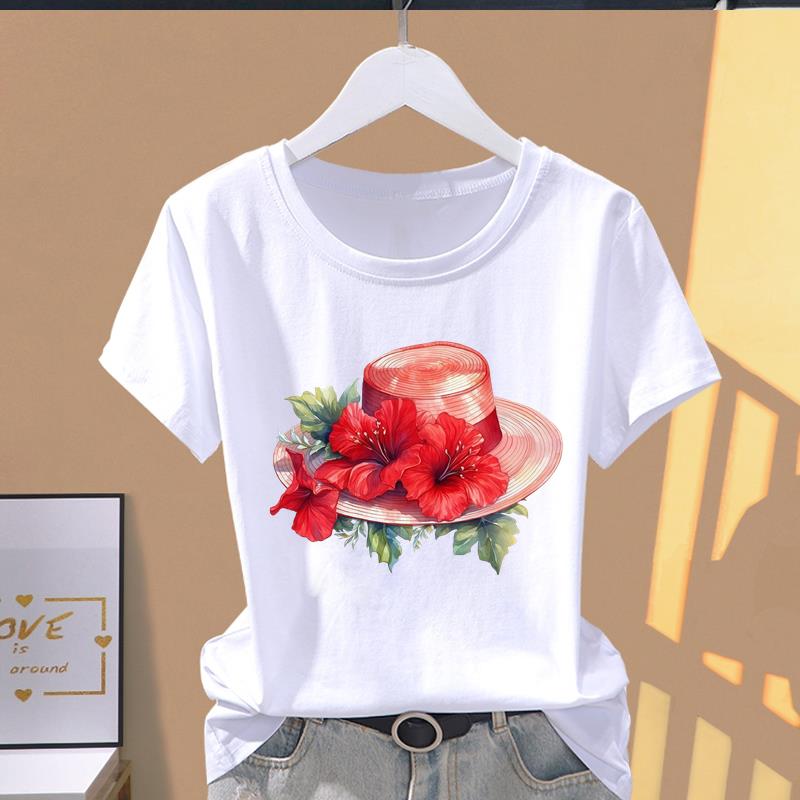 (Asian Size) Letter Flower Trend Short Sleeve T-shirts Women's Top T Clothing Print  Fashion Female Casual O-neck Graphic Tee