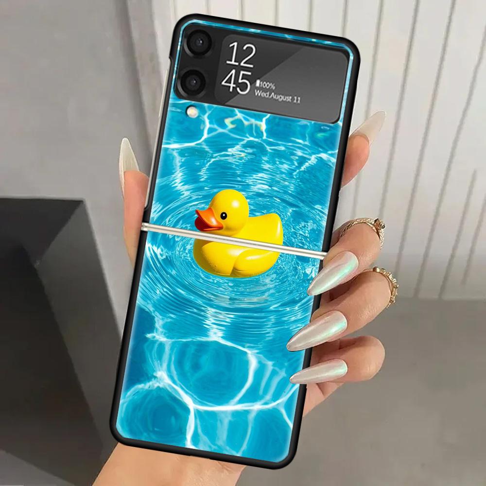 Rubber Ducks Swimming Pool Hard PC Phone Case For Samsung Galaxy Z Flip 7 6 5 4 3 Black ZFlip7 ZFlip6 Flip5 Flip4 Flip3 5G Print