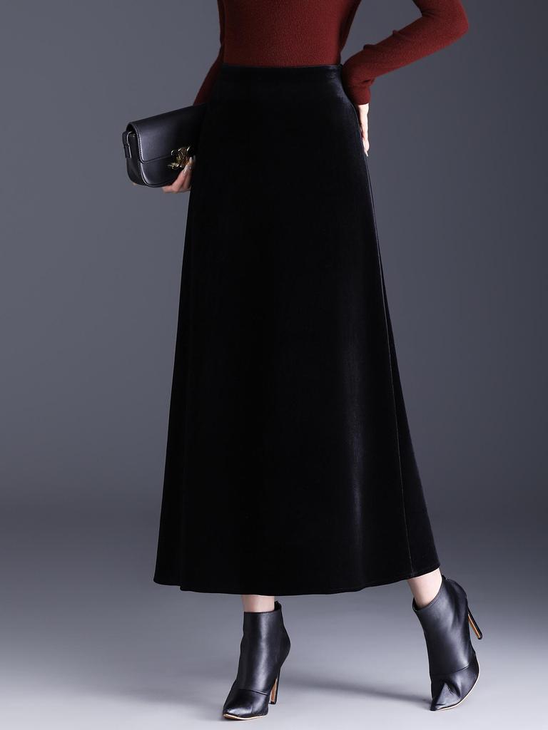 Golden Velvet High-Waisted A-Line Flare Skirt - Winter 2025 Fashion