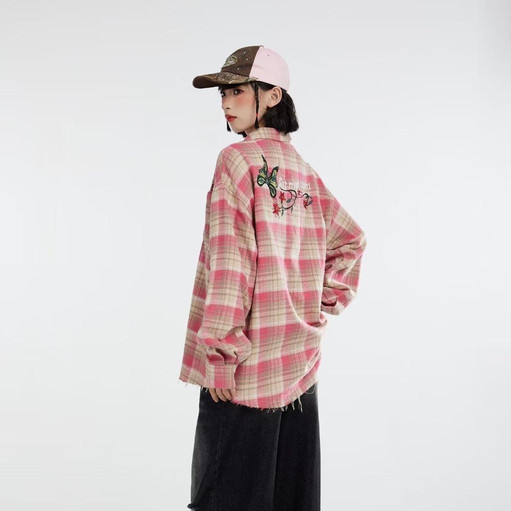 2025 Trendy Unisex Plaid Long Sleeve Hip Hop Shirt with Embroidered Tassels