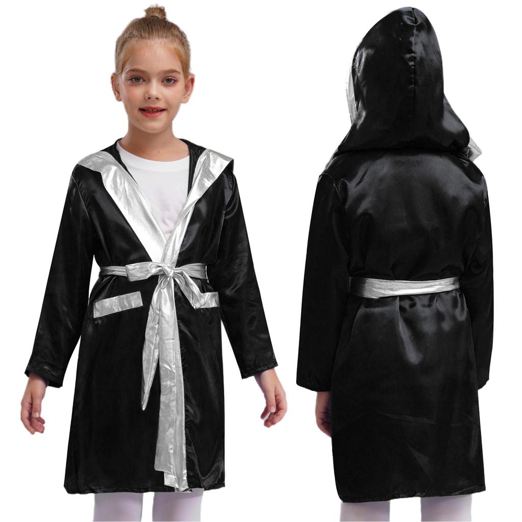 Kids Boys Boxing Robe Boxer Cosplay Costume Long Sleeve Metallic Trim Satin Hooded Cloak Kickboxing Gown for Halloween Party