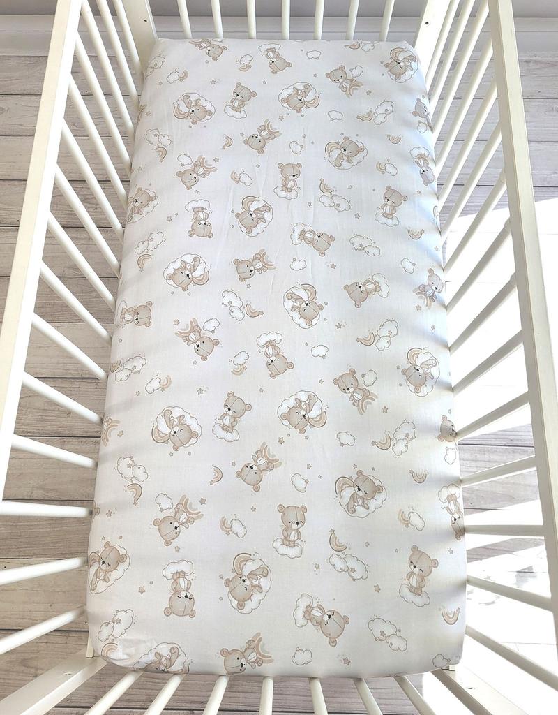 Cotton fitted sheet for a crib 120x60 cm - beige teddy bear with a rainbow