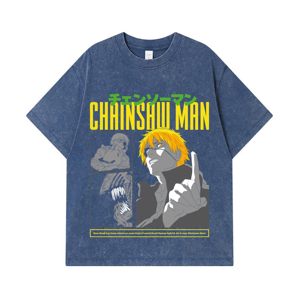 

275 GSM Washed T-shirts 100% Cotton Chainsaw Man V45 Denji Print Unisex Heavy Cotton T Shirt 2XL королівський синій колір