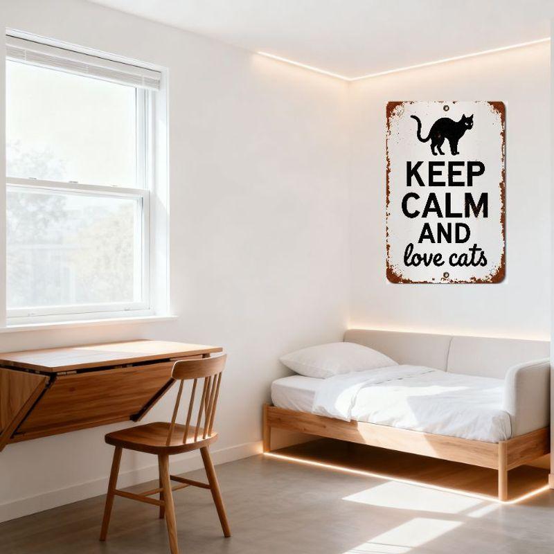Vintage Keep Calm and Love Cats Metal Sign with Cat Silhouette Rusty Edges, Hanging Holes for Home Cafe Wall Decor, Rustic Retro