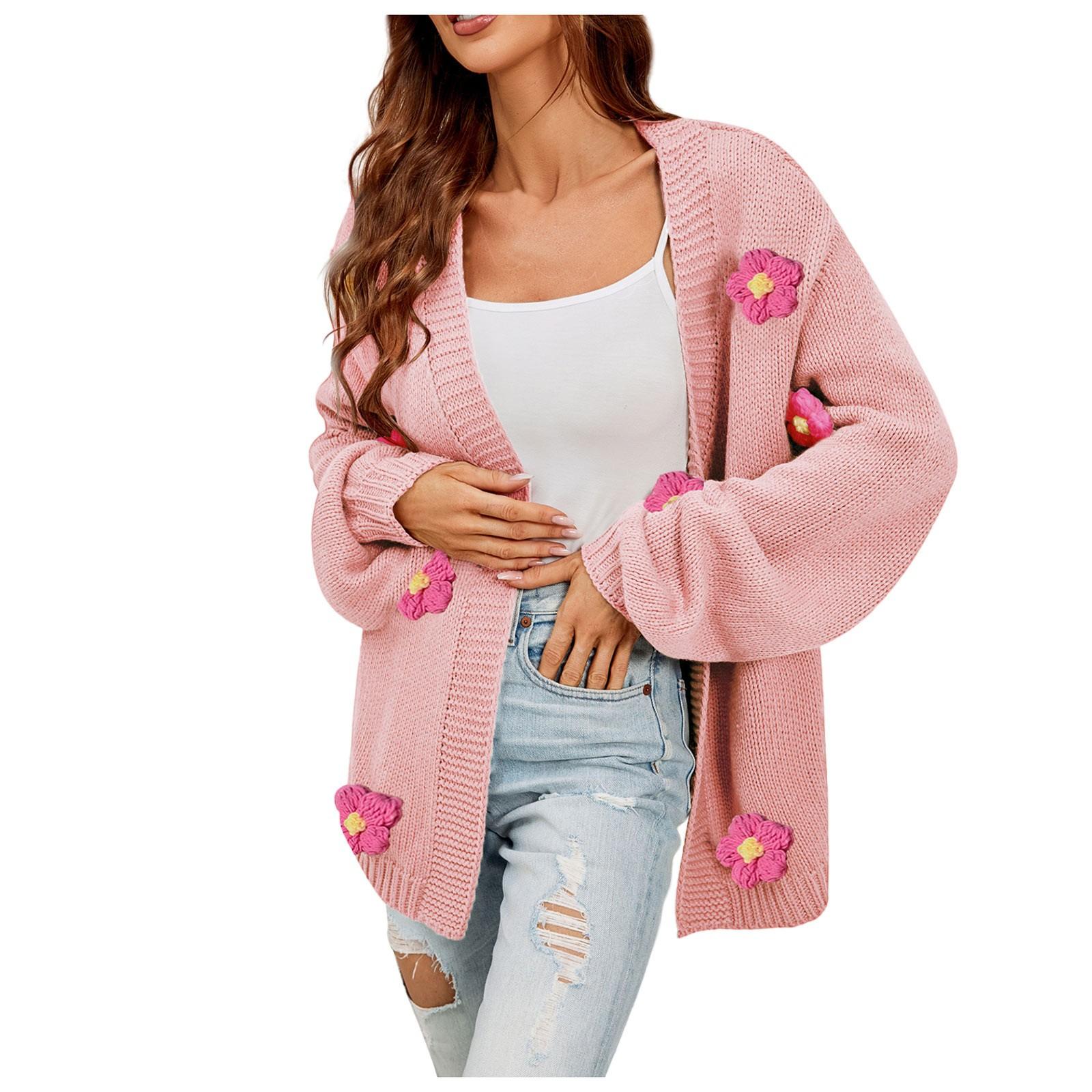

Женский повседневный модный удобный цветочный кардиган с длинным рукавом и уличным трендом, вязаный свитер L розовый