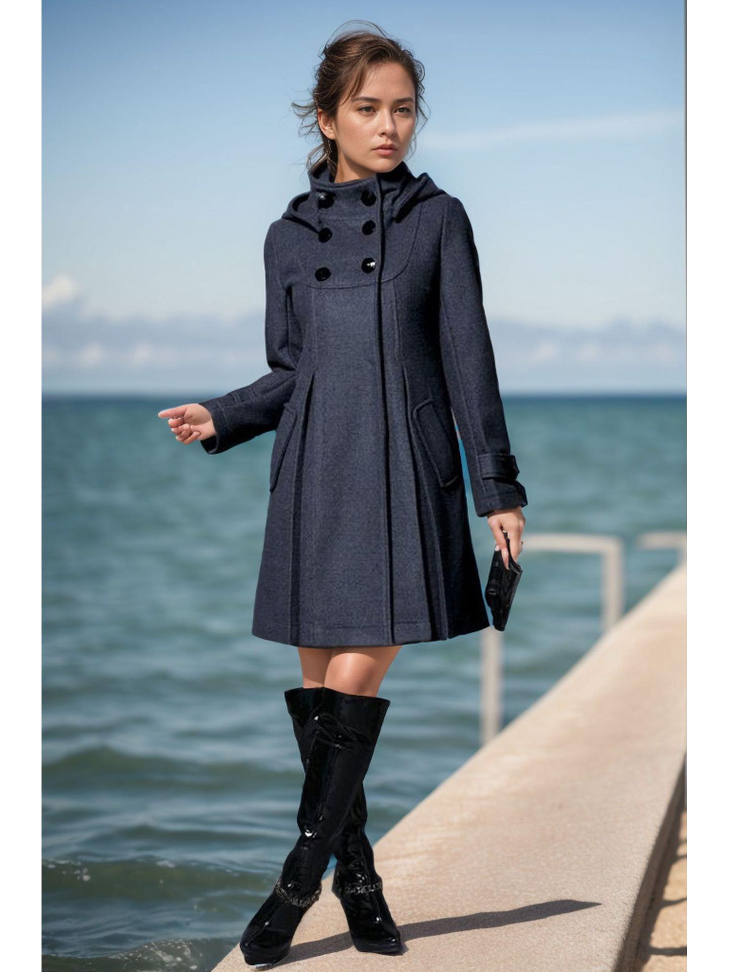 

Европейский размер Женское шерстяное пальто-кейп средней длины с капюшоном и двубортной застежкой S темно-серого