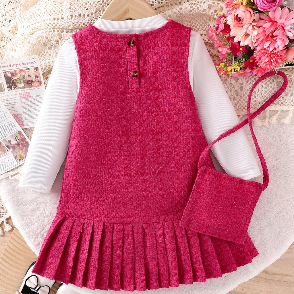 Spring and Autumn New Trendy Girls' Outfit Long Sleeve Inner Wear + Pink Dress with Crossbody Bag