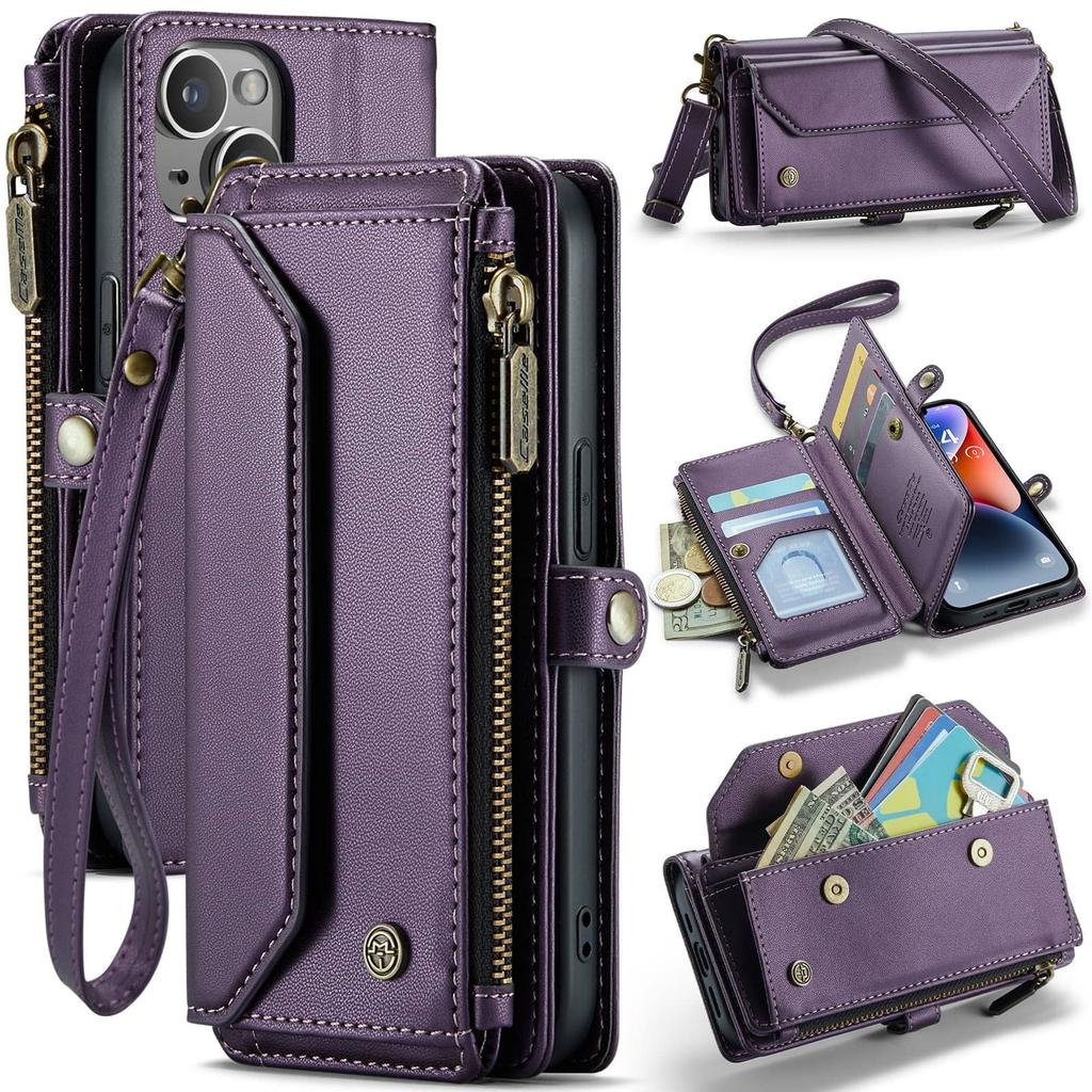 Crossbody for iPhone 14 Case Wallet RFID Blocking with 7-Card Holder Zipper Bills Slot, Soft PU Leather Magnetic Shoulder Wrist Strap