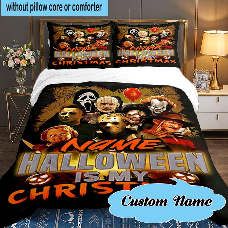 Custom Name 3PCS Halloween Horror Christmas  Bedding Set Including 1pc Duvet Cover And 2pcs Pillowcases for Bedroom, Dormitory Gift Home Decor