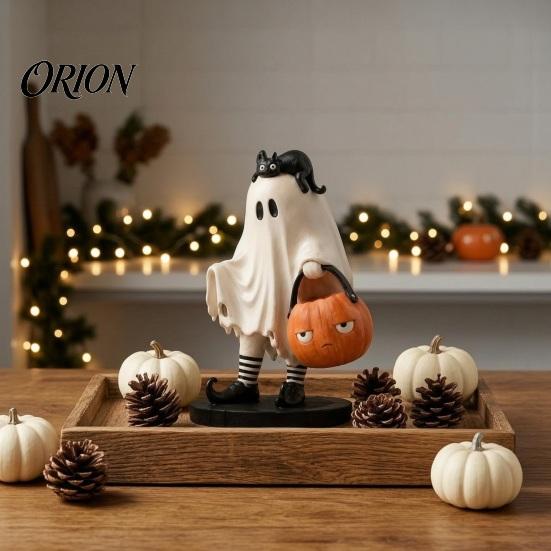 Halloween Resin Ornament Cute Ghost Statue, Black Cat Holding Pumpkin Bucket Ornament, Whimsical Home Accessories Figurine for Holiday Party