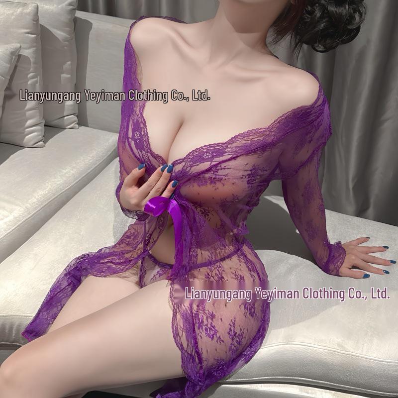 Sexy Spitzenkimono in Übergröße: Transparenter Nachthemd-Dessous mit langem Kleid-Design