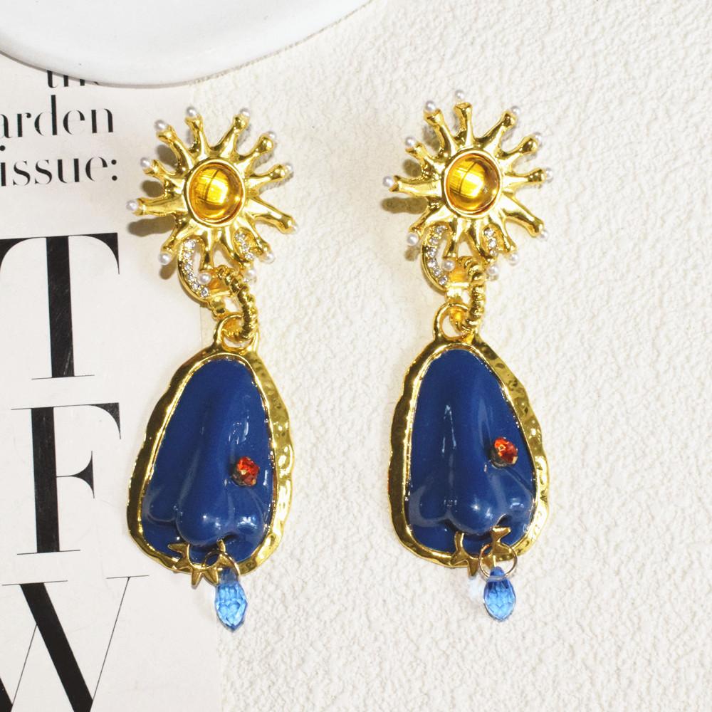Exaggerated Blue Stone Water Drop Dangle Earrings for Women Jewelry Baroque Style Party Show Statement Earrings Accessories
