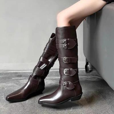 Fashion High Quality Brown Long Boots 2024 Classic Style Metal Buckle Design Women's High Boots Street Fashion Pointed Toe Ladies Shoes
