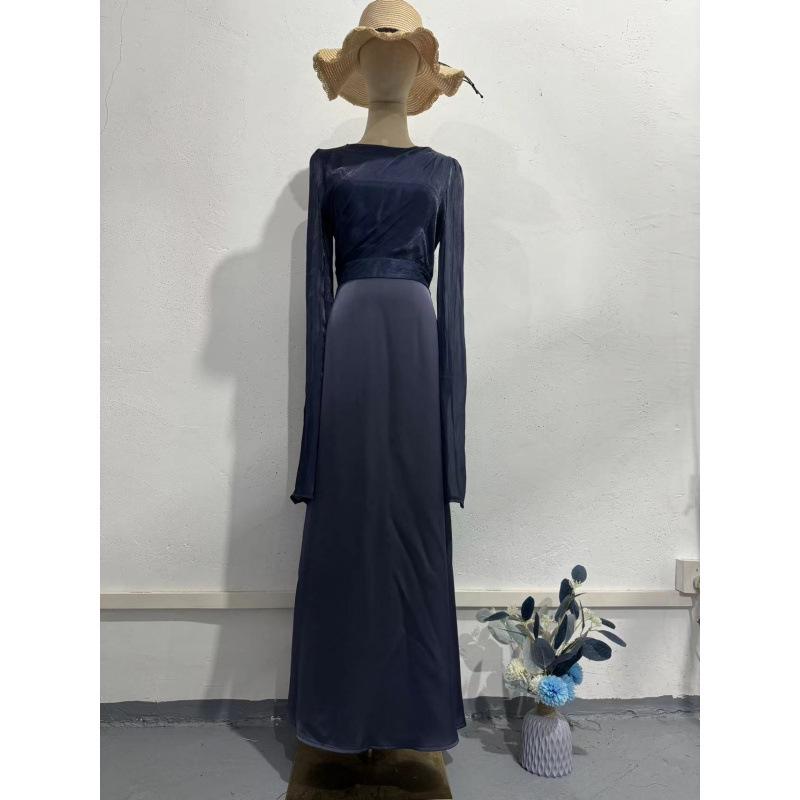 European & American 2024 Autumn Organza-Satin Spliced Slim Dress with Flared Sleeves Small