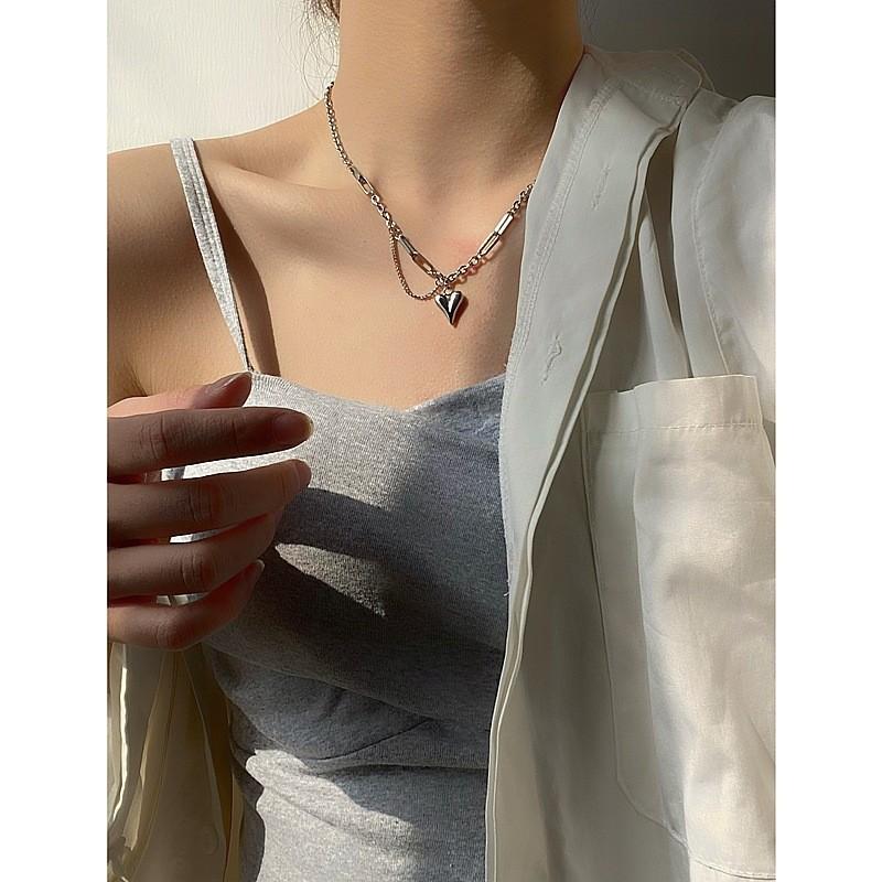 Titanium Steel Heart Pendant Necklace With Cross Chain For Women And Men