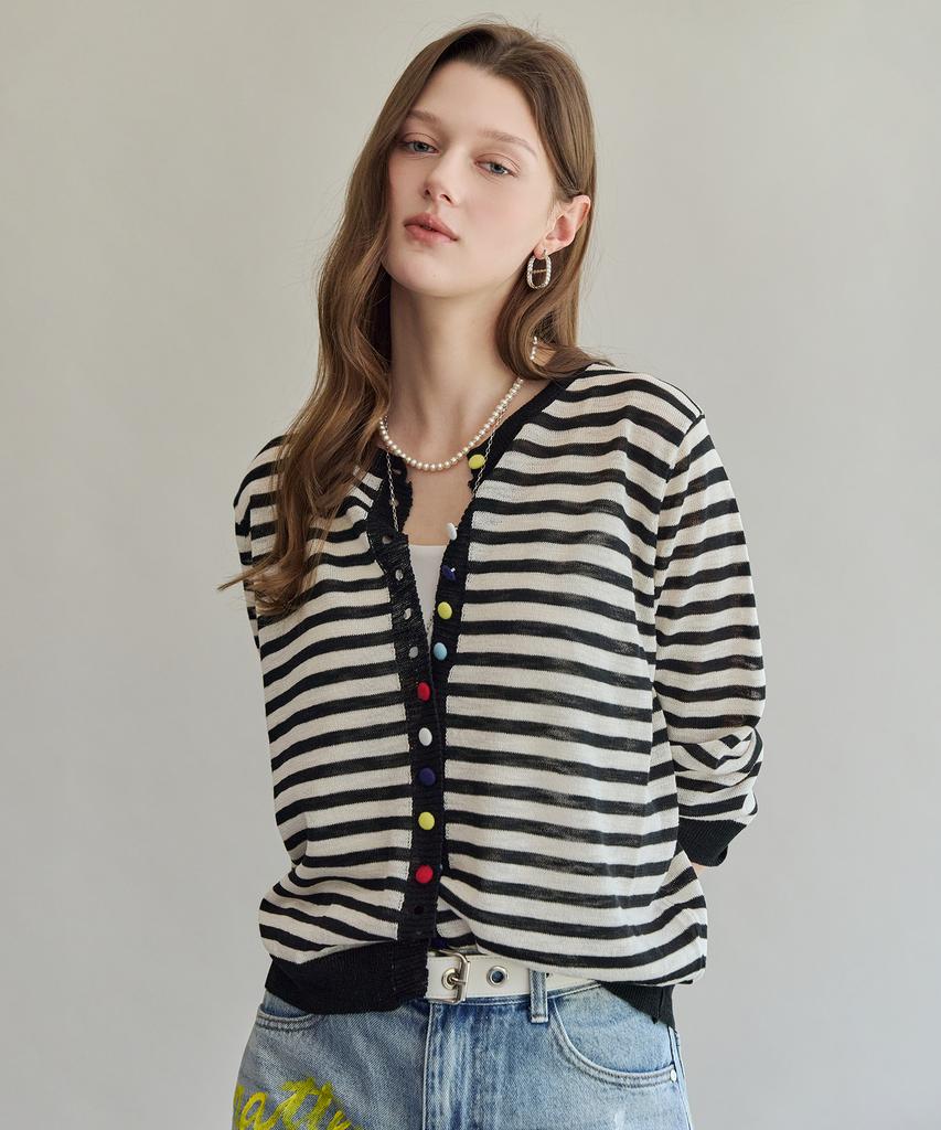 Maxza Color Button Stripe 3/4 Sleeve Cardigan
