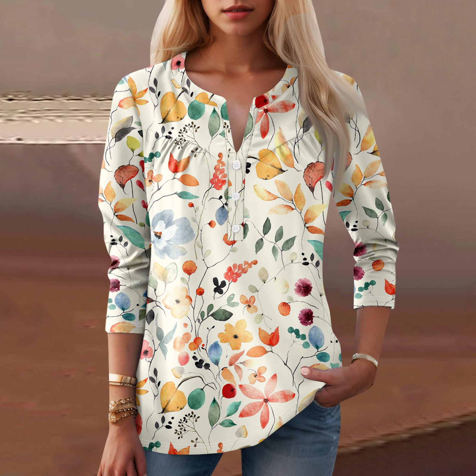 

Жіночий модний повсякденний топ з V-подібним вирізом і квітковим принтом з рукавом три чверті XXL жовтий