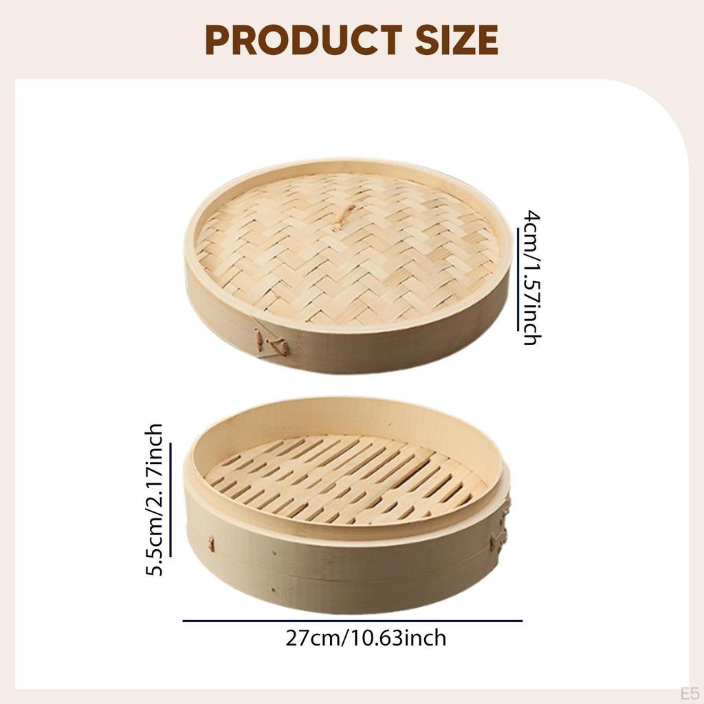 Bamboo Dumpling Steamer, Handmade, Round, Multi-purpose, with Lid for Cooking Seafood, Vegetables,