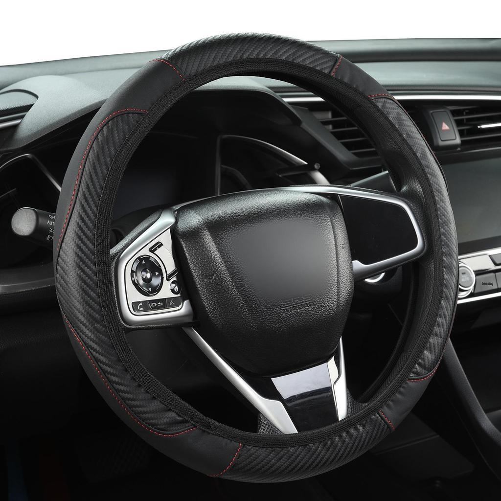 Women's Carbon Fiber Leather Steering Wheel Cover, Wear-Resistant and Comfortable Fit for 14.5-15 Inch Wheels