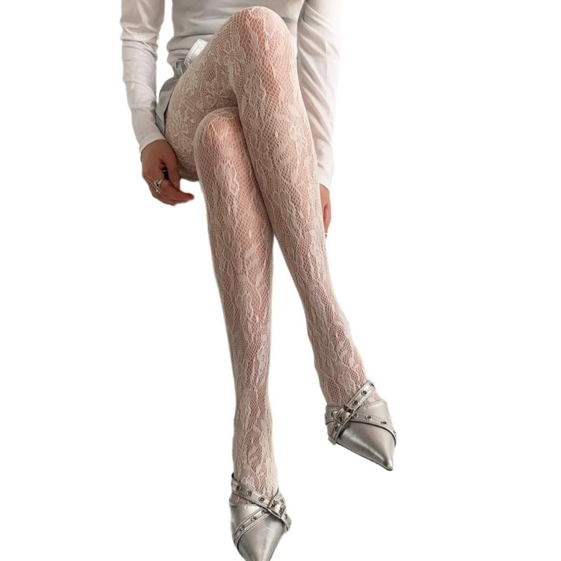 Women French Style Sexy Hollowed Sheer Fishnet Pantyhose Vintage Flower Jacquard Patterned Leggings JK Girl Lace Tights