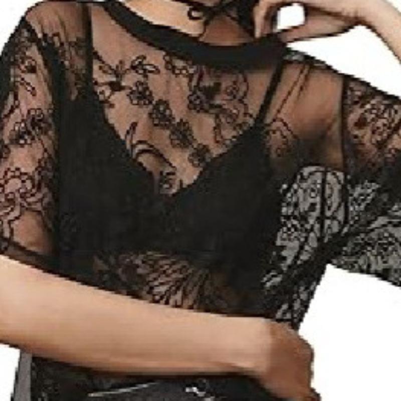The New Summer Style Mesh Fabric Is Positioned As A Sexy Short-sleeved Top with Embroidered Lace