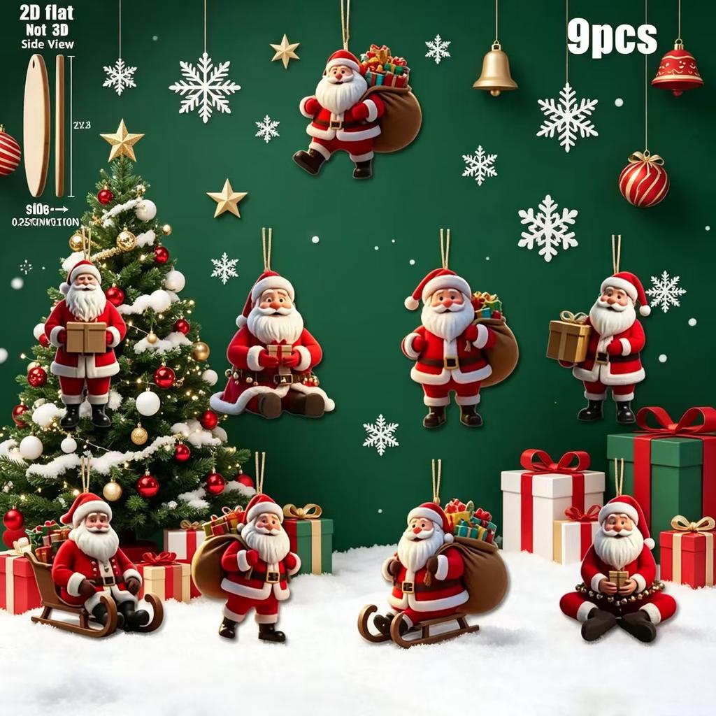 Wooden Santa Claus Ornaments with Gift Christmas Tree Hanging Decorations 9 or 18 Piece Set