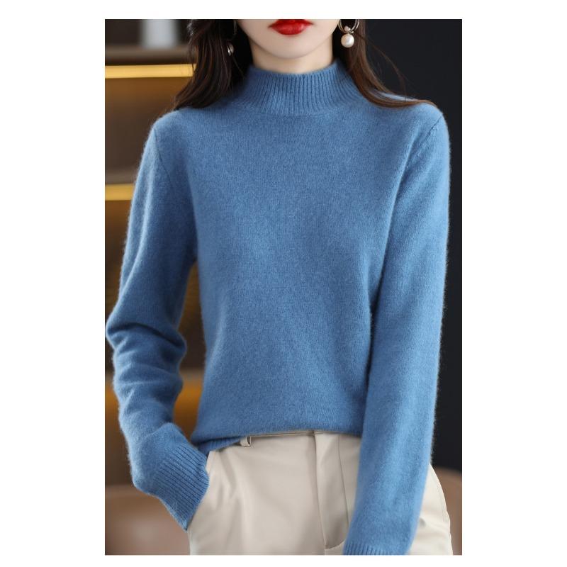 VEZFAA Women's Fashion Casual Fall Winter Solid Color Print Long Sleeve High Neck Sweaters