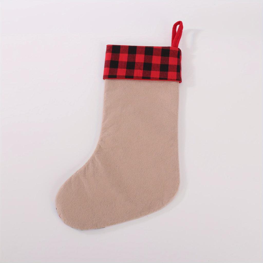 1 buc Ciorap de Crăciun roșu și negru în carouri, In imitație de in, Aplicație, Broderie, Cadou de Crăciun