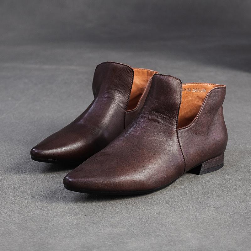 Johnature Genuine Leather Pointed Shallow Low Heel Shoes Fashion And Versatile Women's Slip-on Shoes