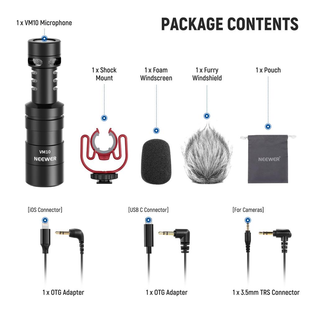 NEEWER Video Microphone, External Microphone, Plug & Play, 20-20KHz, Noise Reduction, High Sensitivity Cardioid, 3.5mm TRS/USB C OTG Cable, Shock Moun