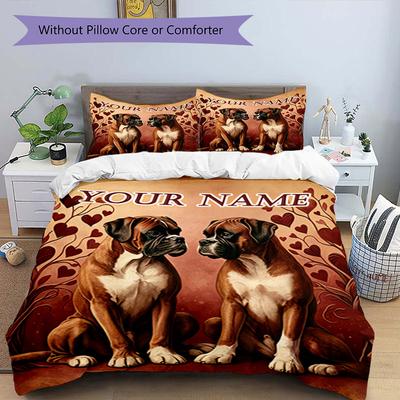 3PC Custom Name Boxer Dogs Heart Background Bedding Set Duvet Cover Closure Includes 1 Duvet Cover & 2 Pillowcases for Bedroom