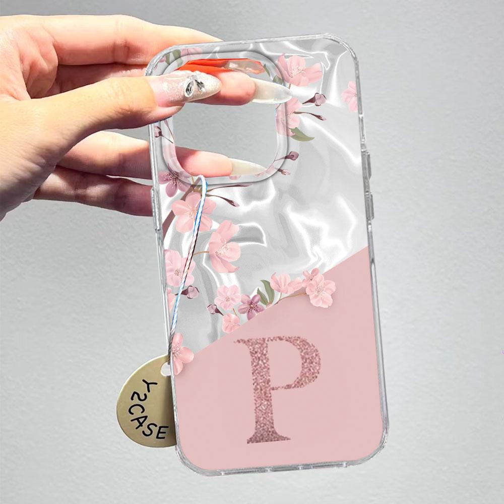A Z Pink Letter Peach Flower Shockproof Phone Case For Samsung Galaxy A07 A17 A06 A16 A26 A36 A56 A12 A22 Shell Couple Cover