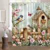 1Pc Flower And Bird Shower Curtain, Butterfly Garden Simple Wooden Fence, Fashionable Modern Home Shower Curtain