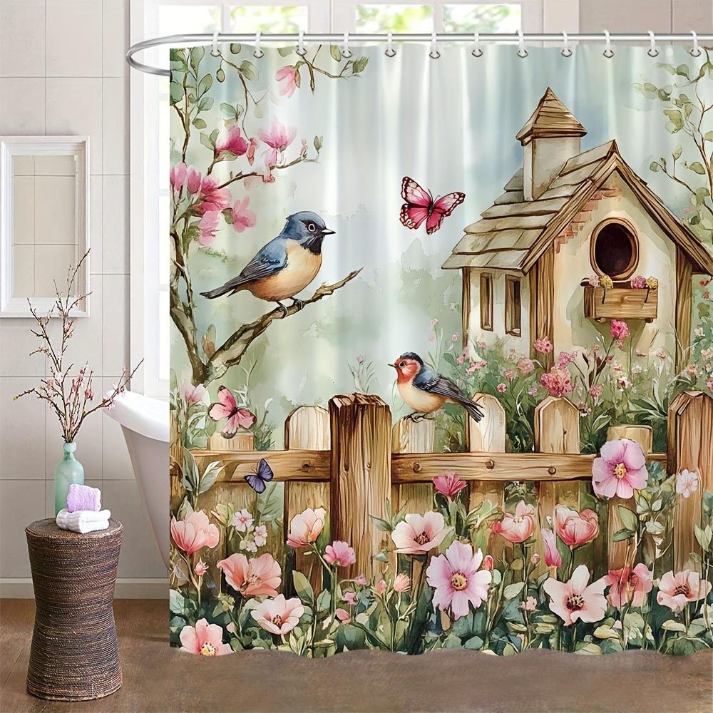 1Pc Flower And Bird Shower Curtain, Butterfly Garden Simple Wooden Fence, Fashionable Modern Home Shower Curtain