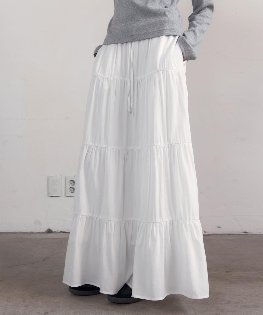 38 Come On Common Shirring Tiered Banding Skirts (White) - Long Length