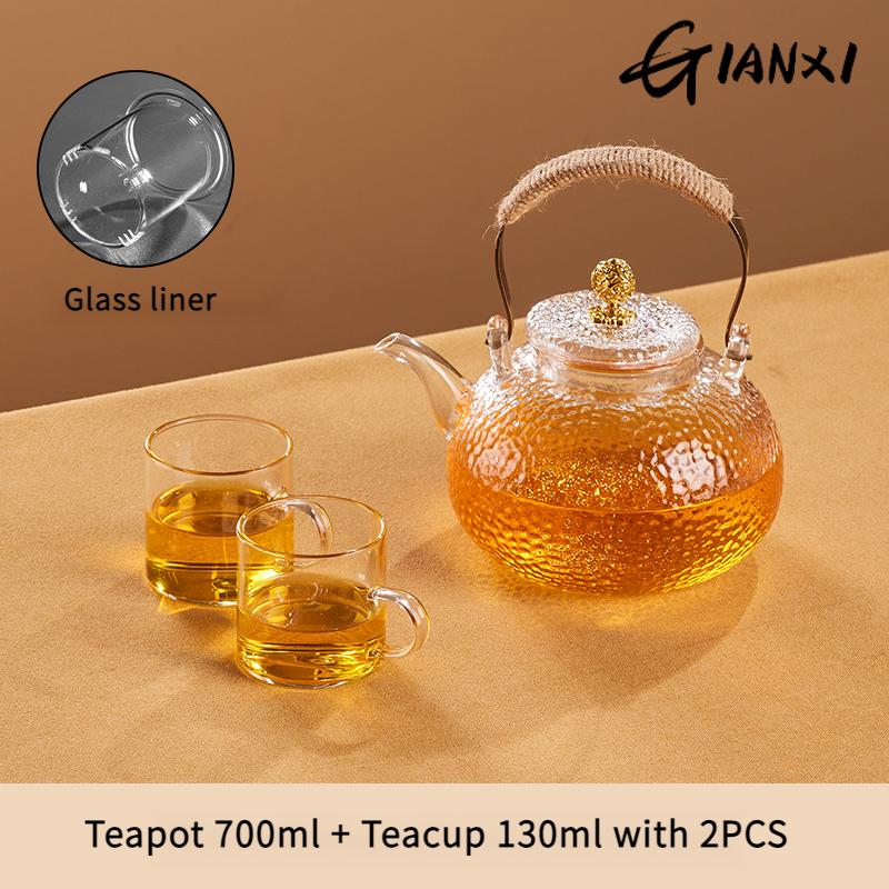 Skleněná čajová souprava Čínská domácí Velkokapacitní Přijímání hostů Kung Fu čajová souprava Kladívkový design Pletený konopný provaz Paprsek Čajová konvice