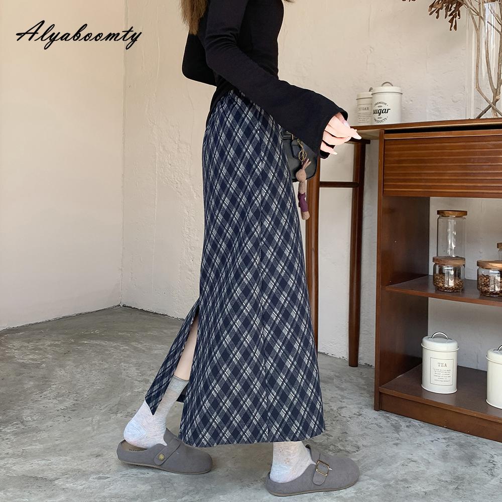 Korean Fashion Autumn Winter Women Plaid Midi Skirt High Waist Brown Navy Plaid Split Skirt Vintage Elegant Feminine Ladies' Skirts Womens