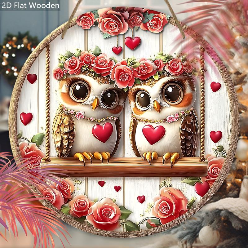 Valentine's Day Wooden Sign with Adorable Couple Owls & Rose Pattern, Round Sign for Front Door Wall Hanging Decor, Ideal Gift for Valentine