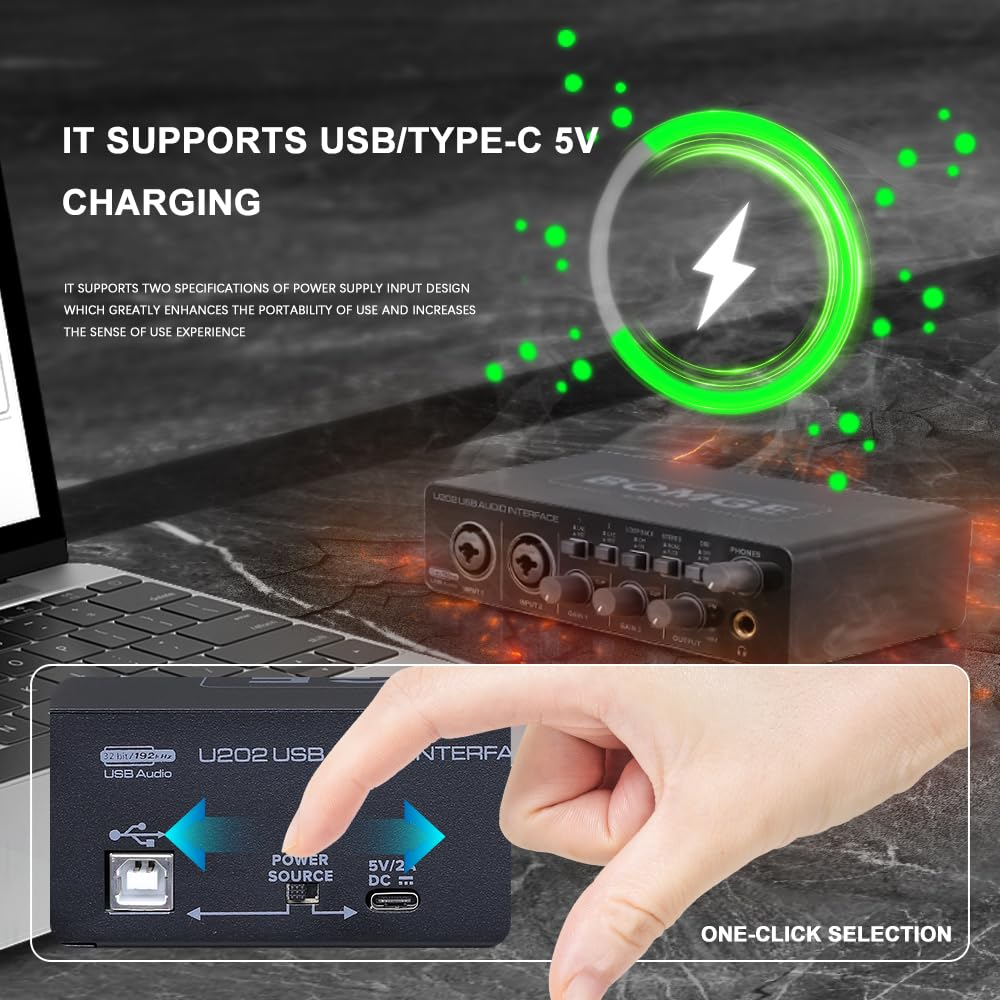 BOMGE U202 USB Audio Interface with Microphone Preamps, XLR/TSR/TS Ports, 48V, 32-bit/192kHz Resolution, for Computer Recording, Streaming, and Podcas