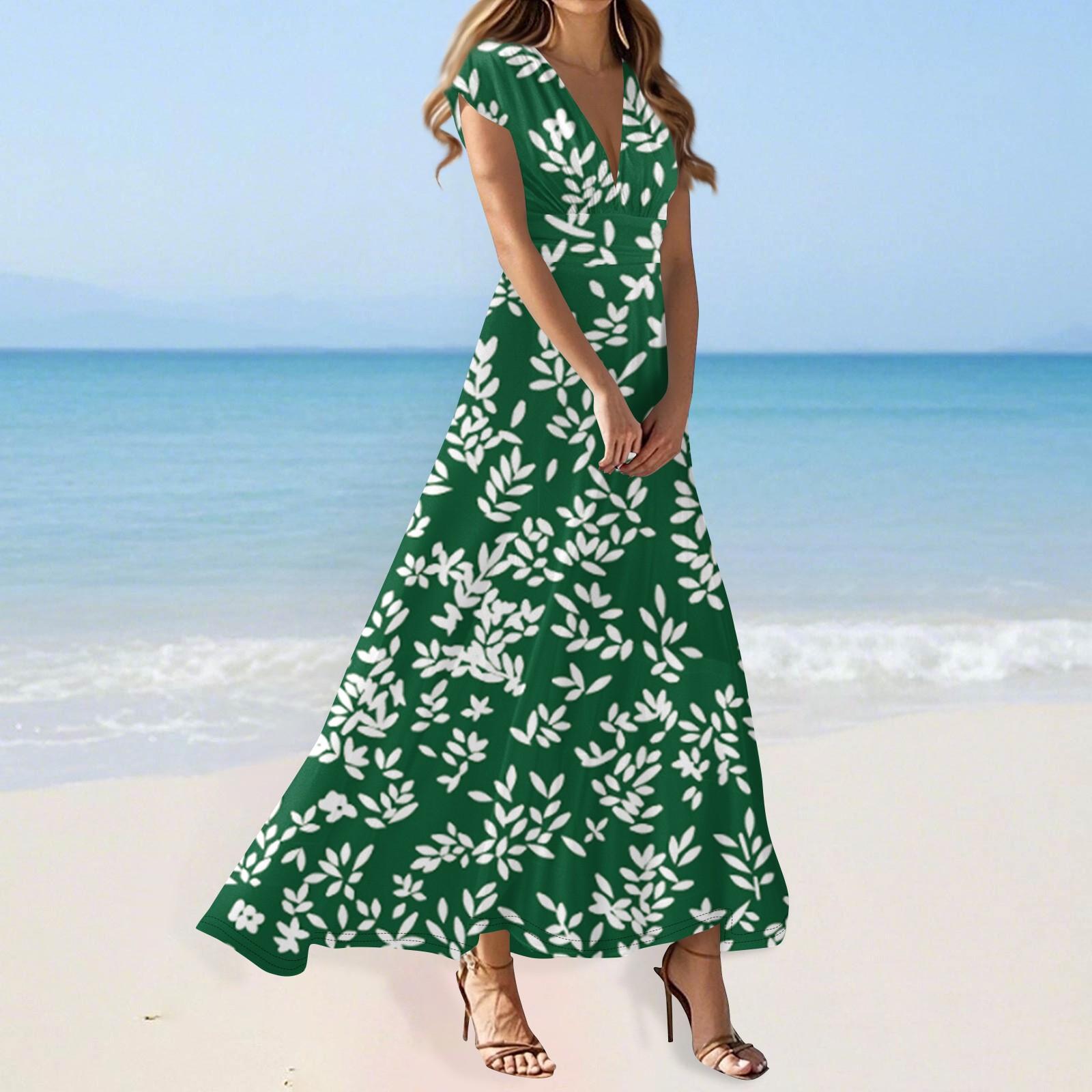 Women s Summer Casual Fashion Flower Printed Dresses V-Neck Short Sleeve Dresses M