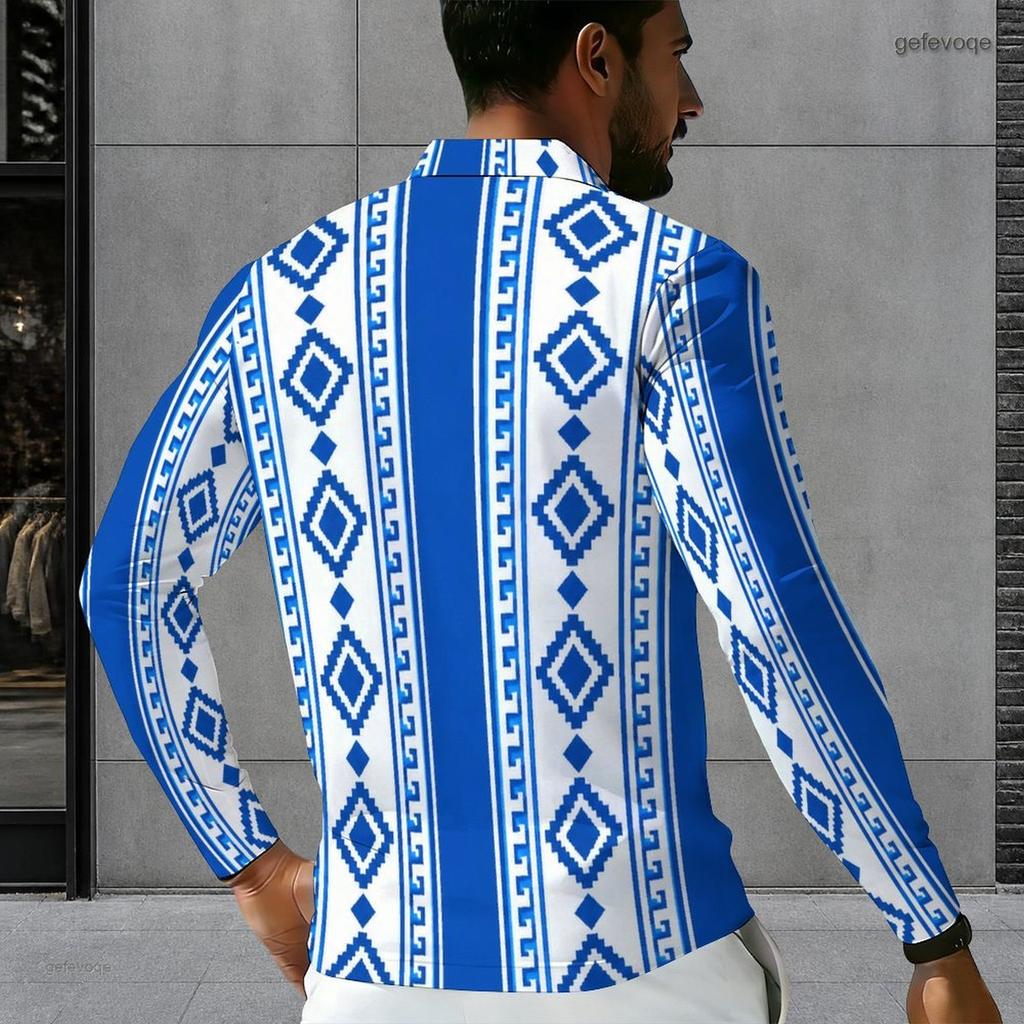 Men Plus Size Long Sleeve Collared Quarter Zip Polo Shirt Blue Geometric Printed