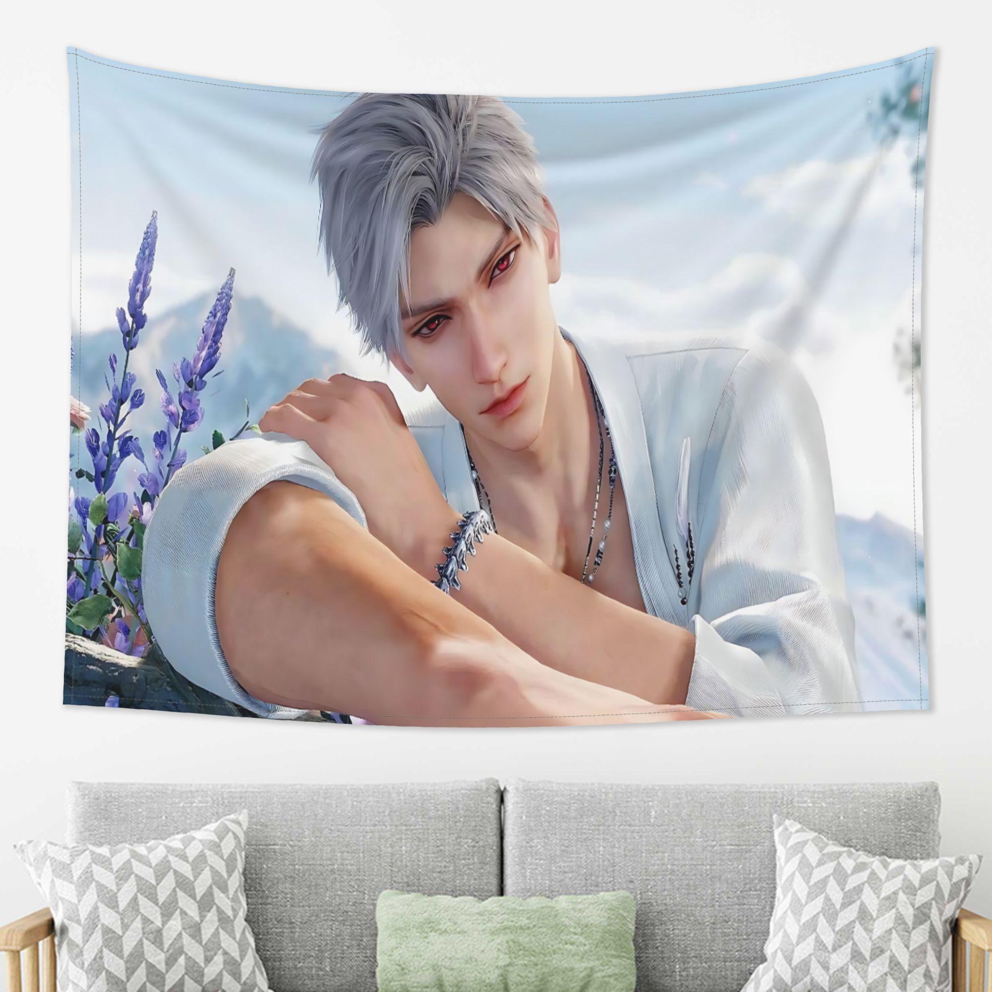 

VIKAMA Silver Hair Male God Tapestry Healing Series Beautiful Male Living Room Decoration Room Decoration Home Decoration 74x94cm(29x37in)